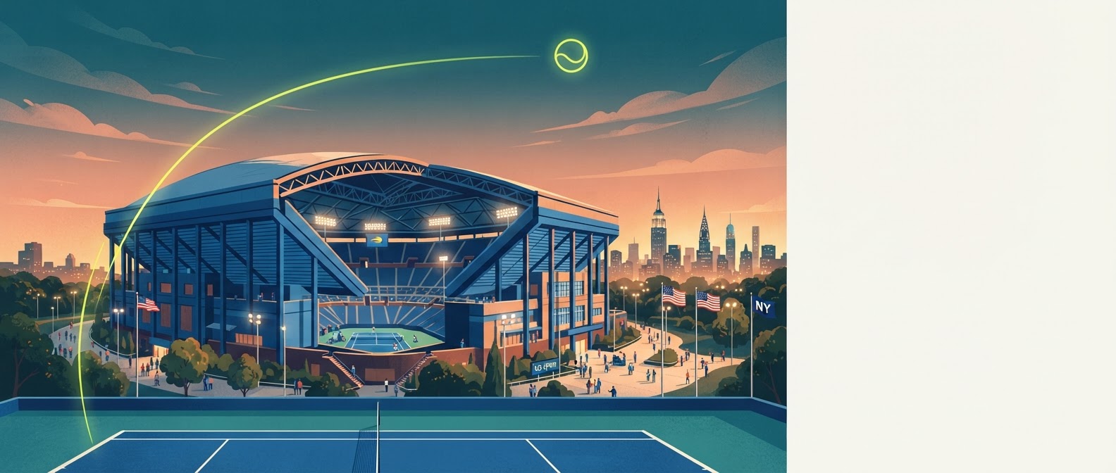 US Open 2026 guide cover illustration of Arthur Ashe Stadium at sunset with the NYC skyline in the distance